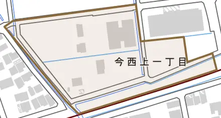 今西上とその周辺の地図。町の範囲を重ねている