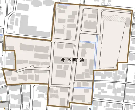 今本町通とその周辺の地図。町の範囲を重ねている