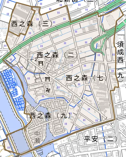 西之森とその周辺の地図。町の範囲を重ねている