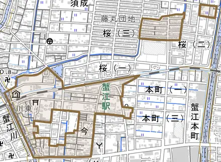 大字今とその周辺の地図。町の範囲を重ねている