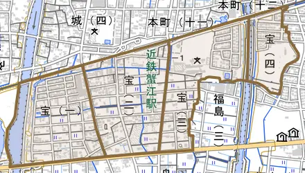 宝とその周辺の地図。町の範囲を重ねている