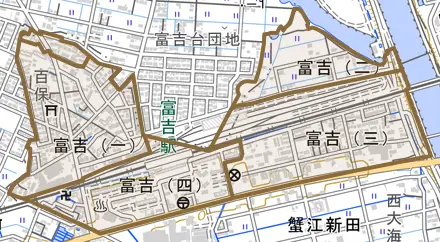 富吉とその周辺の地図。町の範囲を重ねている