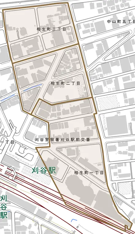 相生町とその周辺の地図。町の範囲を重ねている