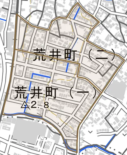荒井町とその周辺の地図。町の範囲を重ねている