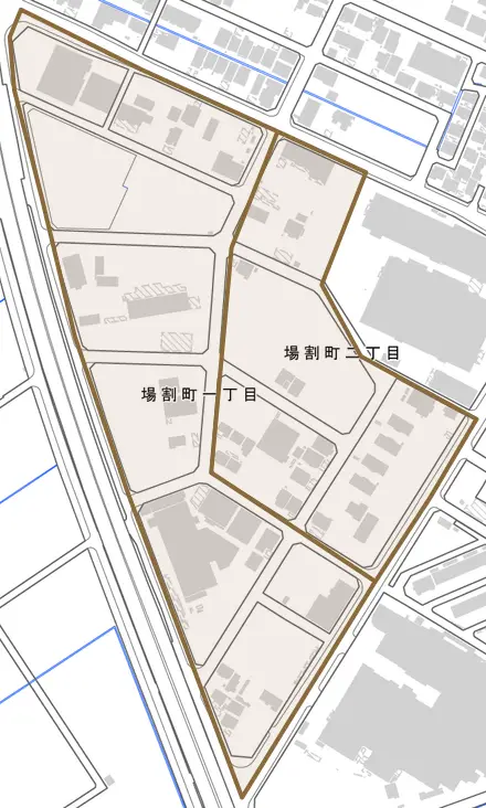 場割町とその周辺の地図。町の範囲を重ねている