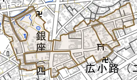 銀座とその周辺の地図。町の範囲を重ねている