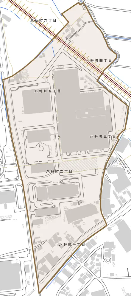 八軒町とその周辺の地図。町の範囲を重ねている