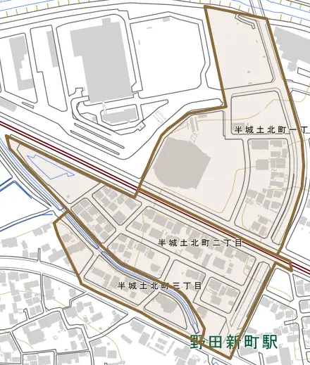 半城土北町とその周辺の地図。町の範囲を重ねている