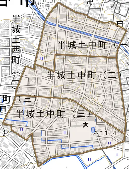 半城土中町とその周辺の地図。町の範囲を重ねている