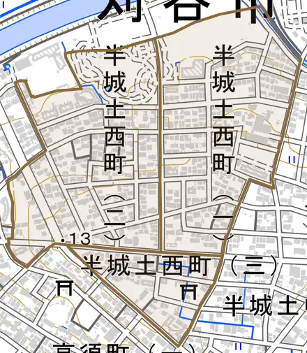 半城土西町とその周辺の地図。町の範囲を重ねている