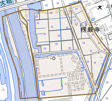浜町とその周辺の地図。町の範囲を重ねている