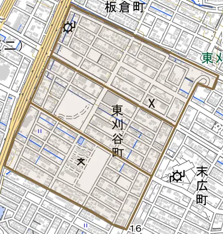 東刈谷町とその周辺の地図。町の範囲を重ねている