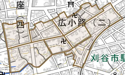 広小路とその周辺の地図。町の範囲を重ねている