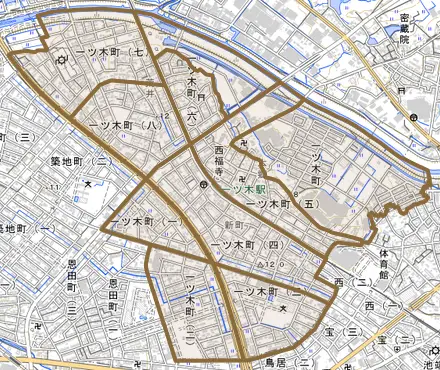 一ツ木町とその周辺の地図。町の範囲を重ねている