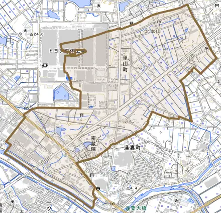 一里山町とその周辺の地図。町の範囲を重ねている