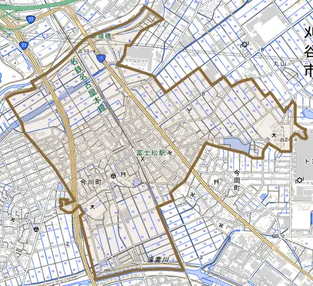 今川町とその周辺の地図。町の範囲を重ねている