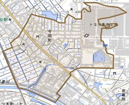 今岡町とその周辺の地図。町の範囲を重ねている