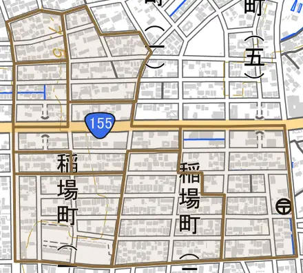 稲場町とその周辺の地図。町の範囲を重ねている
