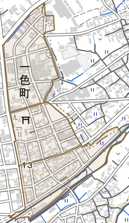 一色町とその周辺の地図。町の範囲を重ねている