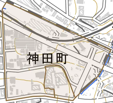 神田町とその周辺の地図。町の範囲を重ねている