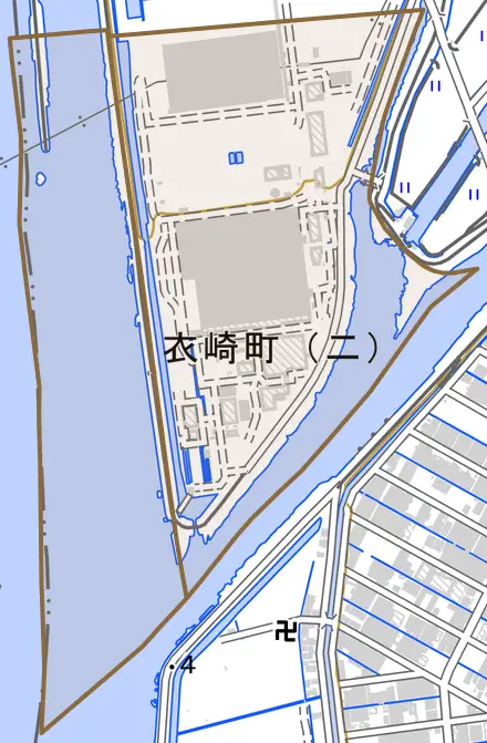 衣崎町とその周辺の地図。町の範囲を重ねている
