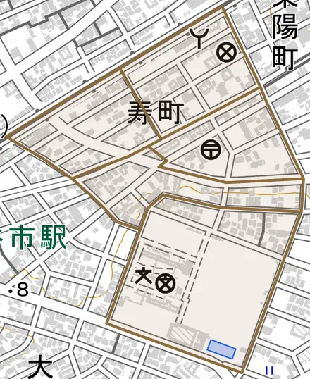 寿町とその周辺の地図。町の範囲を重ねている
