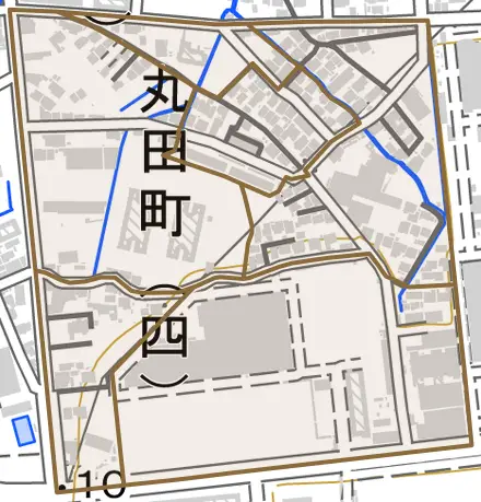 丸田町とその周辺の地図。町の範囲を重ねている