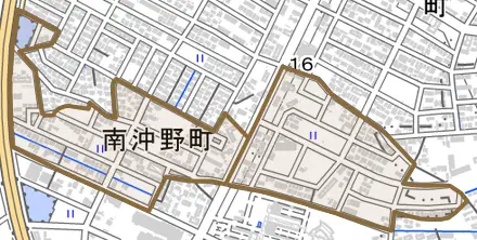 南沖野町とその周辺の地図。町の範囲を重ねている
