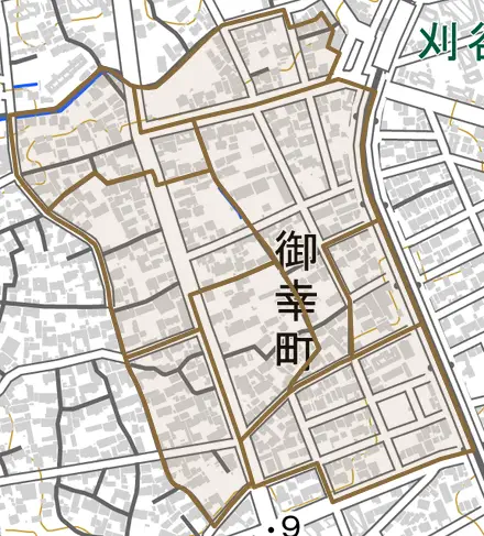 御幸町とその周辺の地図。町の範囲を重ねている