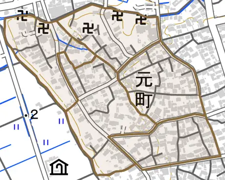 元町とその周辺の地図。町の範囲を重ねている