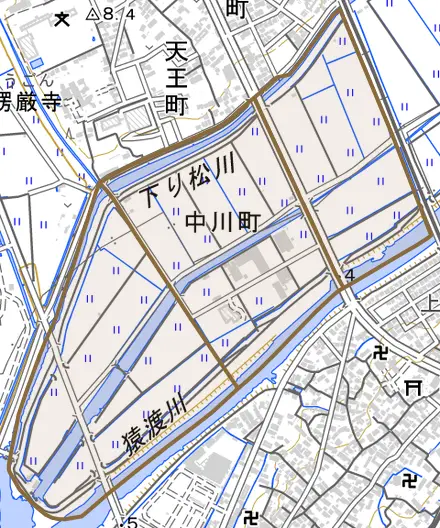 中川町とその周辺の地図。町の範囲を重ねている