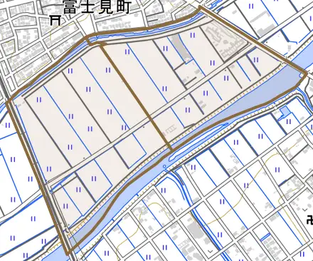 中島町とその周辺の地図。町の範囲を重ねている