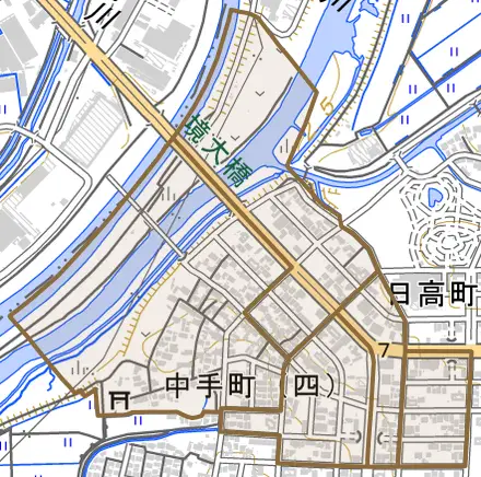 中手町とその周辺の地図。町の範囲を重ねている