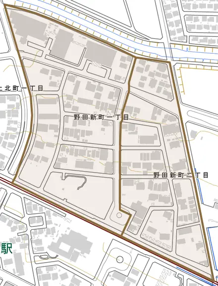 野田新町とその周辺の地図。町の範囲を重ねている