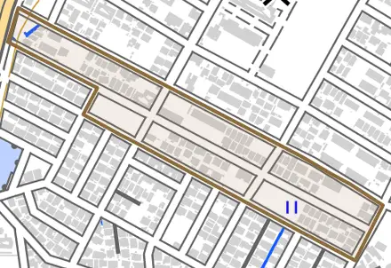 沖野町とその周辺の地図。町の範囲を重ねている
