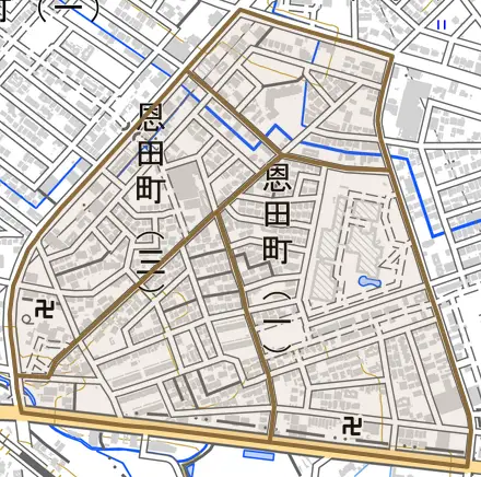 恩田町とその周辺の地図。町の範囲を重ねている