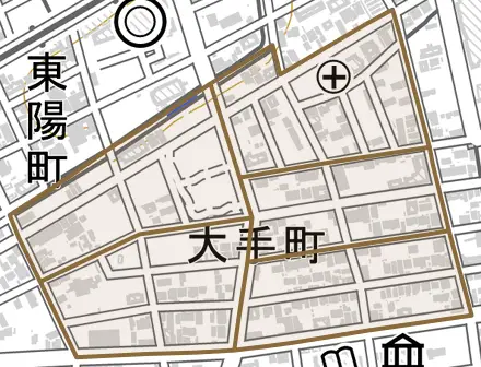 大手町とその周辺の地図。町の範囲を重ねている