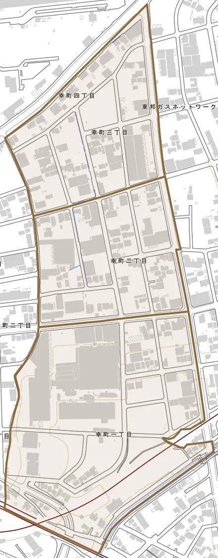 幸町とその周辺の地図。町の範囲を重ねている