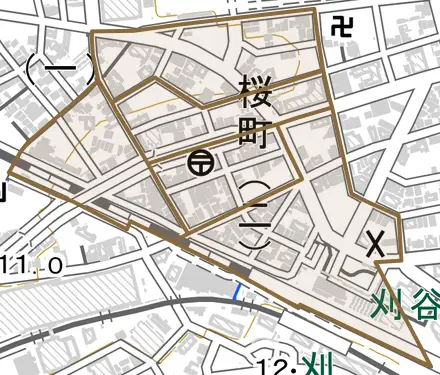 桜町とその周辺の地図。町の範囲を重ねている