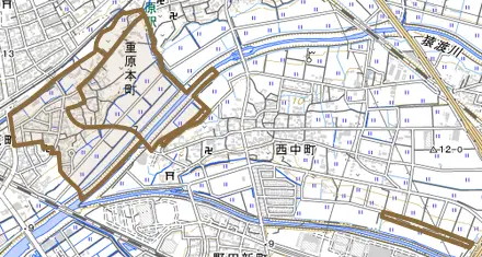 重原本町とその周辺の地図。町の範囲を重ねている