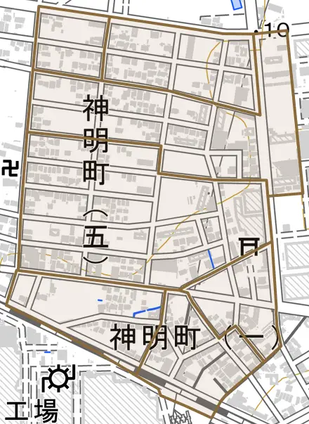 神明町とその周辺の地図。町の範囲を重ねている