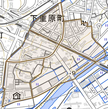 下重原町とその周辺の地図。町の範囲を重ねている