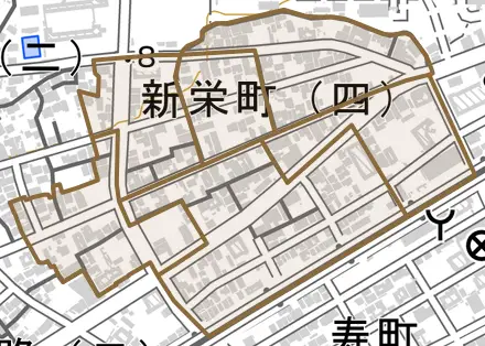 新栄町とその周辺の地図。町の範囲を重ねている