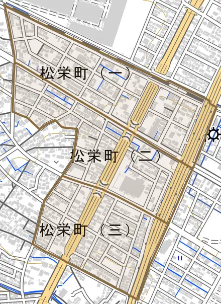 松栄町とその周辺の地図。町の範囲を重ねている