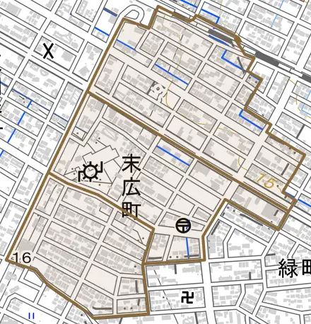 末広町とその周辺の地図。町の範囲を重ねている