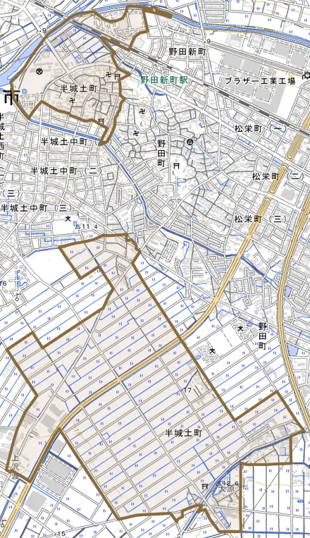 半城土町とその周辺の地図。町の範囲を重ねている