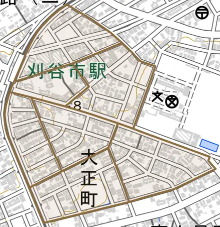 大正町とその周辺の地図。町の範囲を重ねている