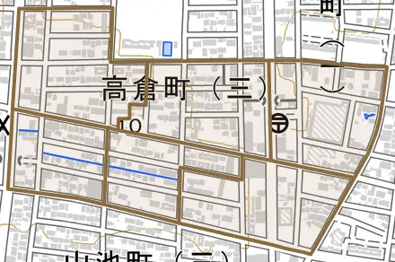 高倉町とその周辺の地図。町の範囲を重ねている