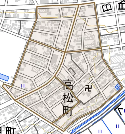 高松町とその周辺の地図。町の範囲を重ねている
