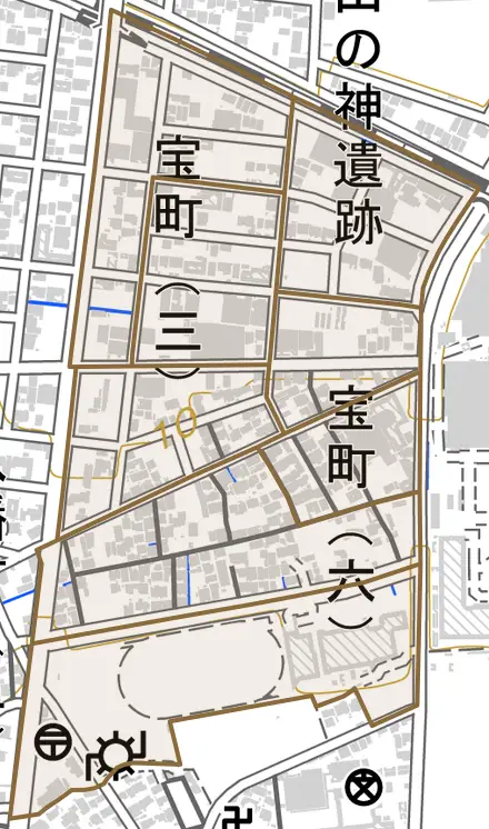宝町とその周辺の地図。町の範囲を重ねている